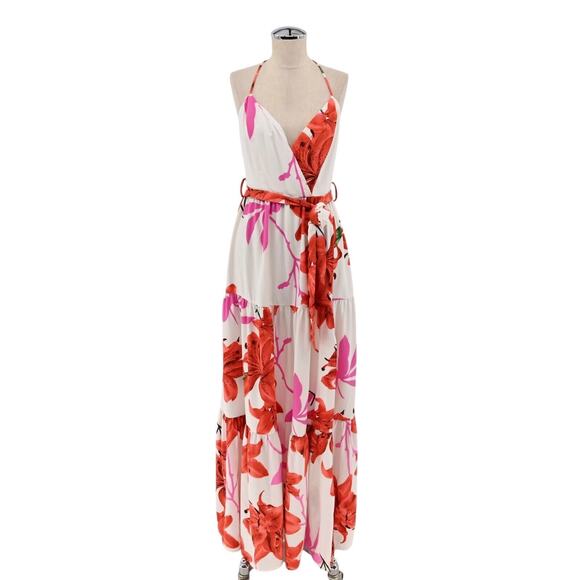 THE SANG Dress Sz S Sleeveless Maxi Red Pink White Floral Tiered Tie Waist Beach - Picture 1 of 13